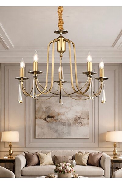 Buiva Luxury Kontes Sarkıt Avize Kristal Taşlı Eskitme Gold Kapmala 5li