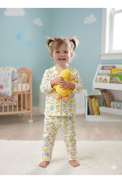 KOÇAR BEBEK Front-Closure Girls' - Boys' Pajamas 1-3 Years Old with Hearts - Clouds - with Bears