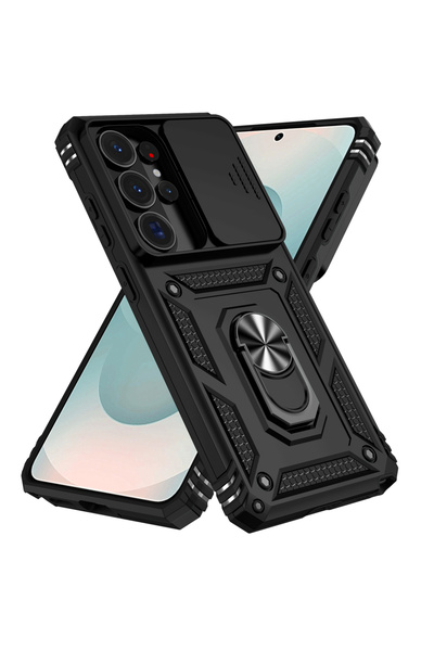 Choice7 جراب حماية متين من الدرجة العسكرية مزود بعدسة كاميرا منزلقة دوارة سود...