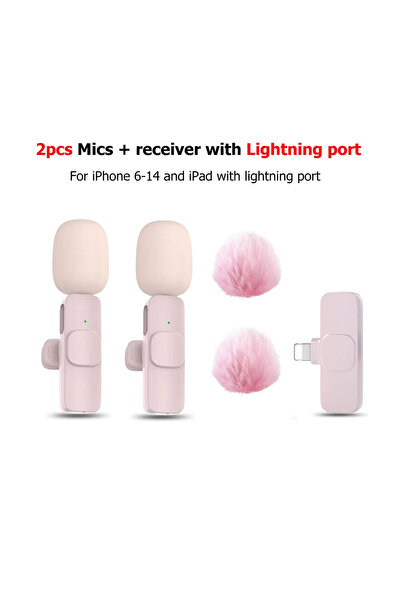 Choice ميكروفون لاسلكي K60 وردي وأبيض، 1 في 2، متوافق مع نظام iOS، يُثبّت على...