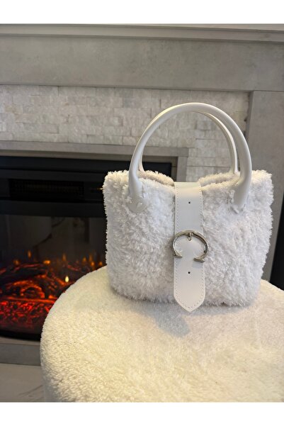 sinmm Women's Teddy Plush Handmade Shoulder Bag in White Color with Leather D...