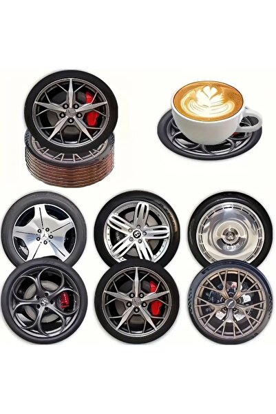 Choice BD145 A 6-piece set of wooden coasters with a tire-themed pattern is s...
