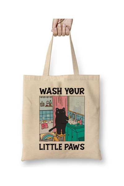 Toyaso Wash Your Little Paws Cat Funny White Tote Bag Long Handle Shopping Ba...
