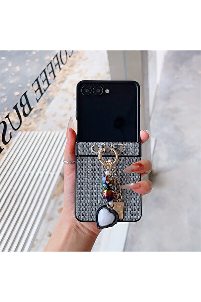 Choice11 غلاف هاتف هاتف Galaxy Z Flip5 أسود اللون، مصنوع من جلد المنسوج، بتصم...