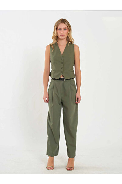 Caddebostan Moda Khaki Buckle Back Vest Modern Premium Luxury Trend Design Vest