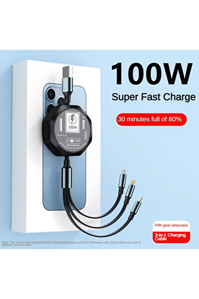 Choice كابل USB أسود قابل للسحب 3 في 1 بقوة 100 واط، شحن سريع، منفذ Micro USB...