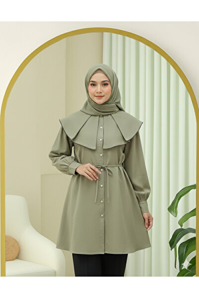 bellura Wide Collar Belted Buttoned Shirt