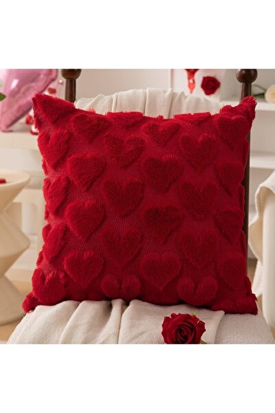 Choice1 45x45cm Red Valentine's Day Plush Pillow Cover with Heart Embroidery ...