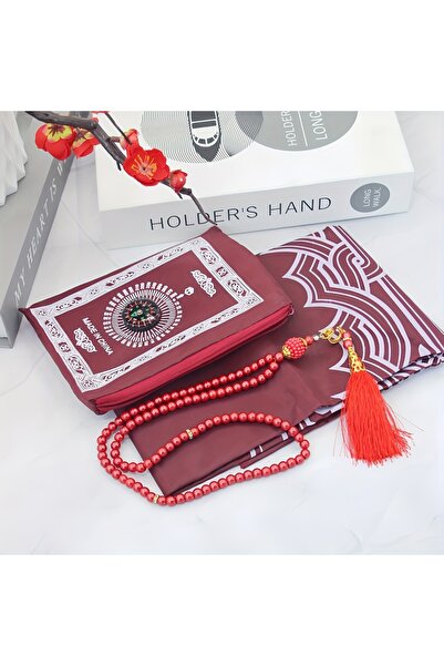 Choice طقم سجادة صلاة إسلامية حمراء اللون مع حقيبة صغيرة - مناسب للصلاة في رم...