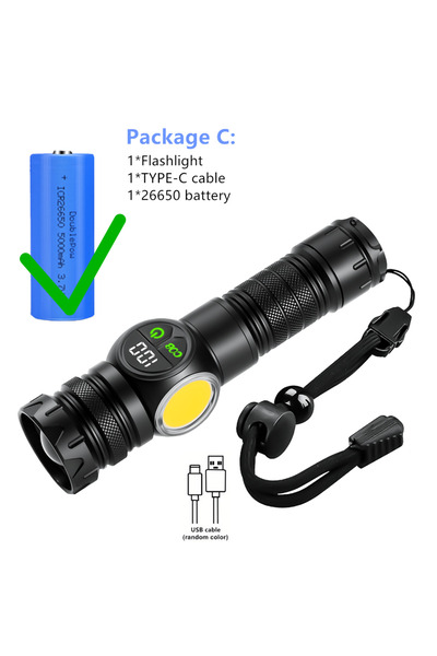 Choice1 مصباح يدوي ZOOM أسود مزود ببطارية 26650 عالية الطاقة LED، كشاف طويل ا...