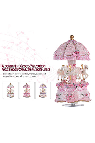 Choice Pink Luxury Dream 3-Horse Rotating Carousel Merry-go-round Windup Musi...