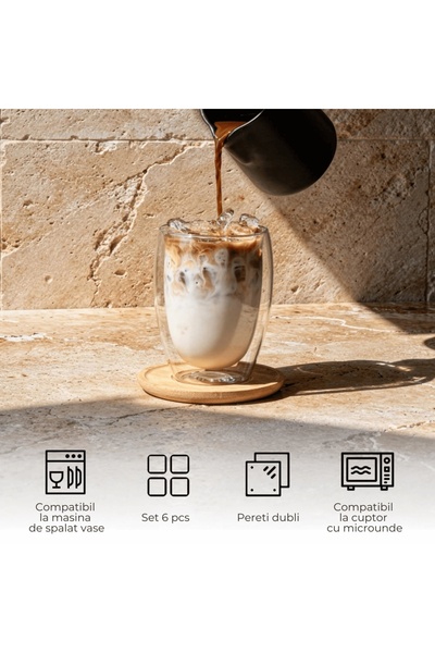 MIAMIO Set de 6 pahare pentru cappuccino cu perete pentru două persoane , sticlă borosilicată, fără mâner, cu suport din bambus , 350 ml