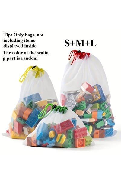 Choice مجموعة من 3 أكياس تخزين شبكية شفافة برباط - حقائب متينة لمكعبات البناء...