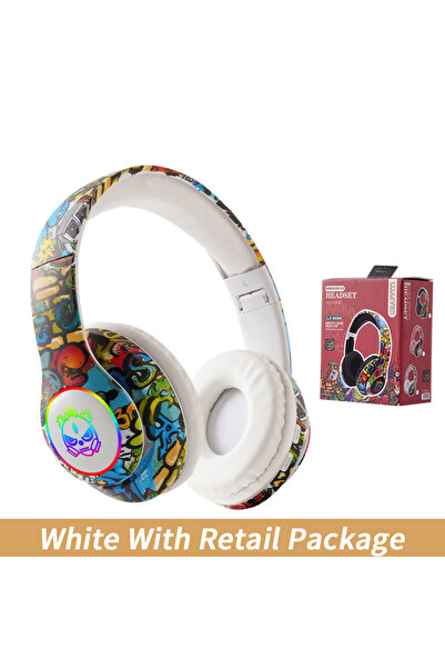 Choice1 سماعات رأس لاسلكية بيضاء مع علبة، مزودة بإضاءة LED، ورسومات جرافيتي، ...