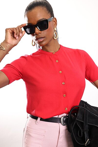 5in1Canpolat Red Short Sleeve Knitwear Cardigan