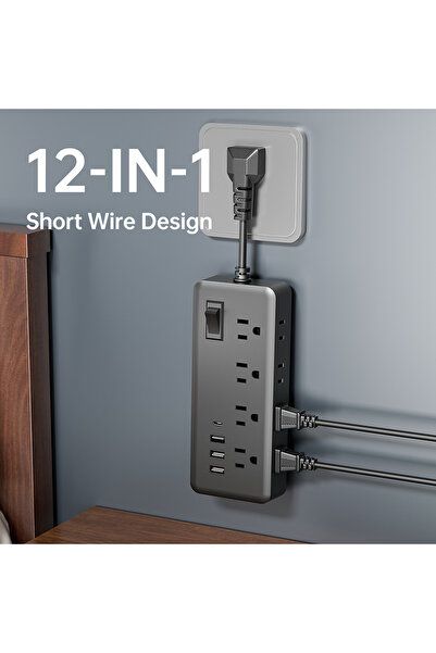 Choice1 شريط طاقة أسود بقابس أمريكي، 12 في 1، مزود بـ 8 منافذ تيار متردد، و3 ...