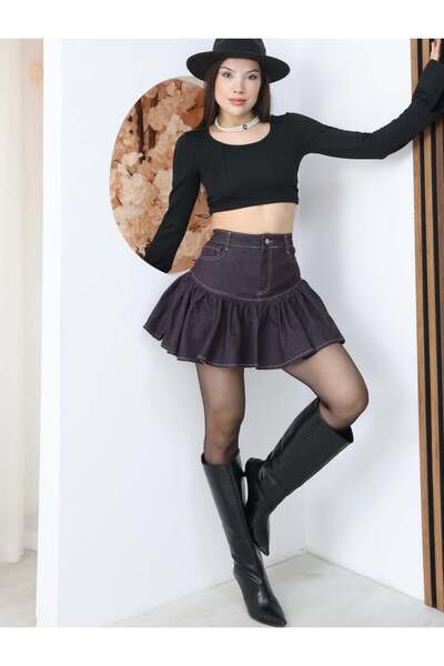 CELİORA STYLE Kadın Yüksek Bel Volanlı Mini Kot Etek – Fırfır Detaylı Trend D...
