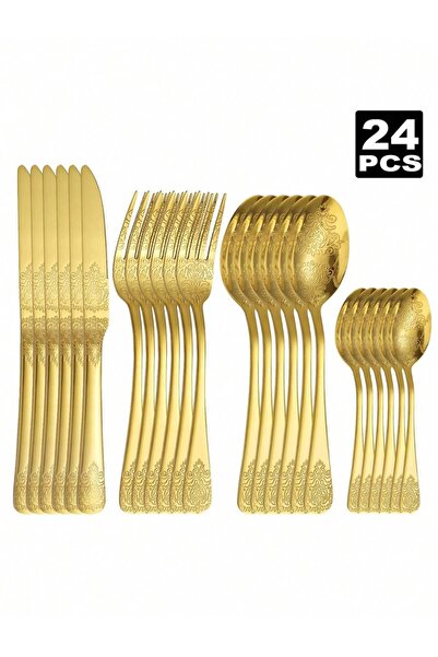 choice2 24pcs-gold 4/16/24pcs Floral Pattern Stainless Steel Cutlery Set, Sui...