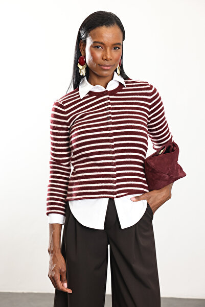 5in1Canpolat Burgundy Striped Knitted Cardigan Th261005