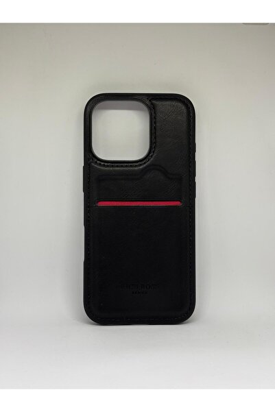 Store Iphone 16 Pro Uyumlu Kartlıklı ve Siyah Deri Detaylı Plastik Kılıf