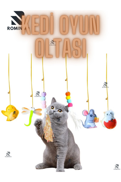 Romingo İnteraktif Kedi Oyuncağı Kapıya Asılan Zilli Kedi Oyun Oltası Esnek E...