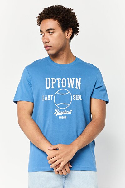 CELIO Men Crew Neck Short Sleeve Graphic Print T Shirt, Blue