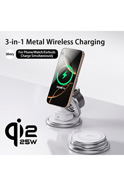 Choice1 شاحن لاسلكي مغناطيسي معدني فضي اللون بتقنية Qi2.2، 3 في 1، محطة شحن س...