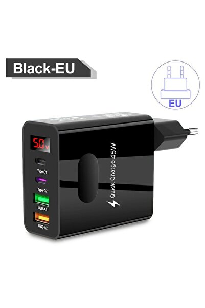 Choice3 EU Plug Black 4Ports Digital Display Charger USB Type C Charger Quick...