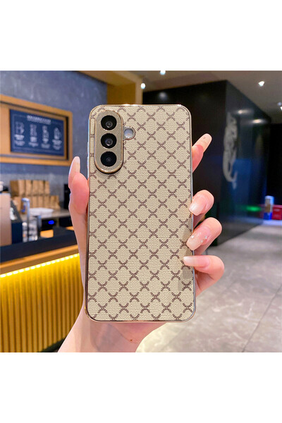 Choice49 غلاف هاتف بيج من جلد بنمط شبكي مطلي بالذهب لهاتف سامسونج A56 5G، متو...