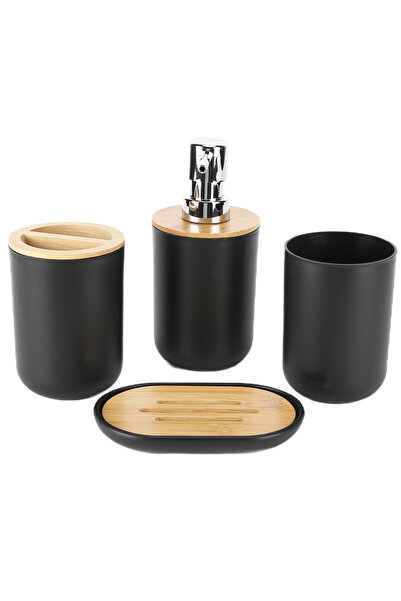 Choice طقم إكسسوارات حمام أسود مكون من 4 قطع، مصنوع من بامبو ، حامل فرشاة أسن...