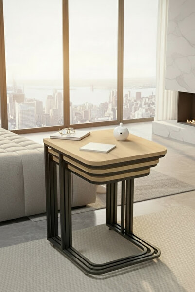 albemo Eko 3 lu Siyah - Çam Tekerlekli Zigon Sehpa