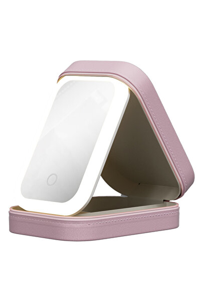 Choice صندوق تخزين مكياج وردي اللون، مزود بمرآة وإضاءة LED، صندوق تخزين مستحض...