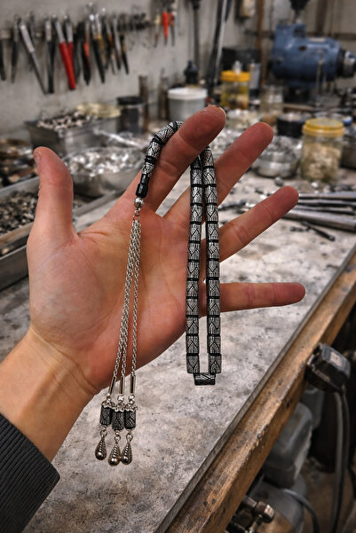 Eflatun Collection Gümüş İşlemeli El Yapımı Kehribar Tesbih