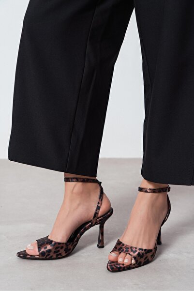 NİŞANTAŞI SHOES Meyz Leopard Satin Ankle Strap Women's Thin Heeled Shoes