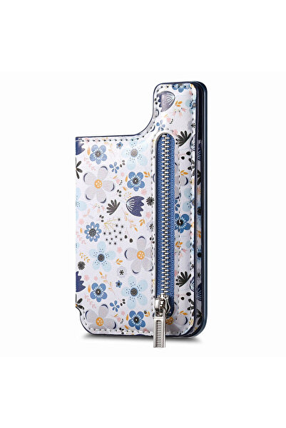 Choice1 جراب غلاف هاتف أزرق مزين برسومات زهور، مع حامل بطاقات ، وظهر من جلد ا...