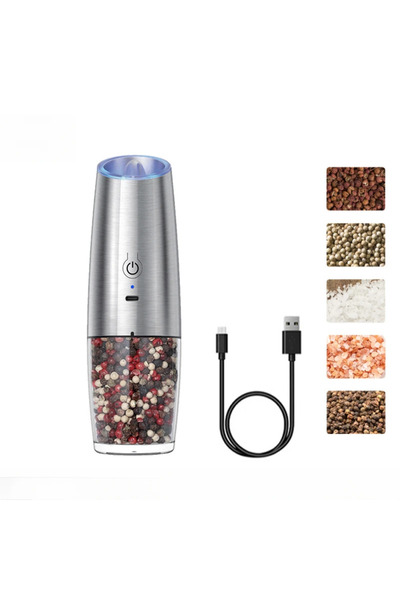 choice2 مطحنة ملح وفلفل كهربائية فضية اللون، قابلة لإعادة الشحن عبر منفذ USB،...