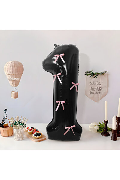Choice6 40inch 1 Large black 0-9 digital aluminum film balloon, pink bow, bir...