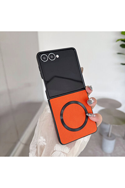 Choice19 غلاف هاتف Galaxy Z Flip5 برتقالي اللون من Magsafe، مصنوع من جلد الكل...