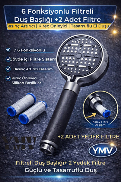 YMV Filtreli 6 Fonksiyonlu Duş Başlığı + 2 Adet Yedek Filtre, Kireç, Pas ve T...