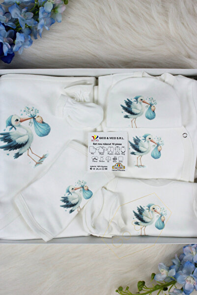 GoVo Kids Set 10 piese pentru nou-nascuti, Barza cu bebelus, Bumbac - Set cadou