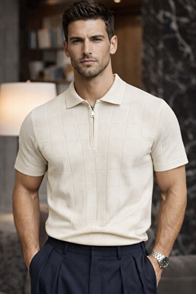 Maccali Ανδρικό ριγέ μπλουζάκι με λαιμόκοψη πόλο σε μπεζ χρώμα premium
