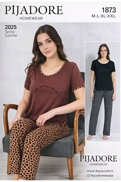 Kadın Kısa Kollu Leopar Desenli Modal Kumaş Pijama Takımı