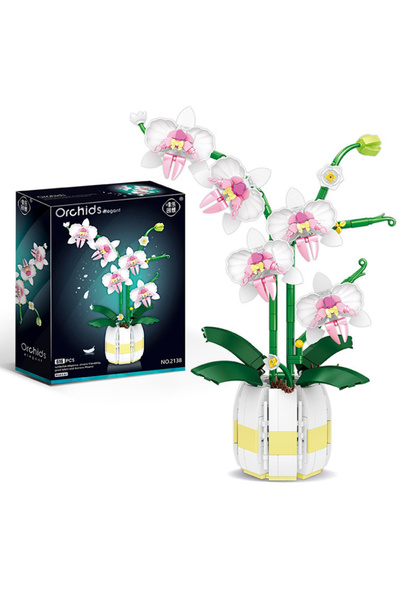 Choice مكعبات بناء صغيرة على شكل زهرة الأوركيد الوردية مع صندوق، باقة زهور مز...