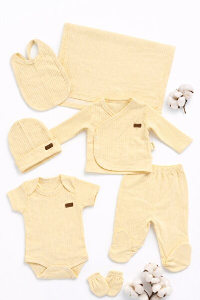 Pure Boutique Set nou nascut 7 piese galben bumbac ribat trusou bebe body pan...