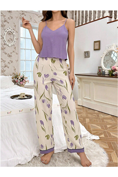 Bleu Petite Pattern Detail Cotton Women's Pajama Set