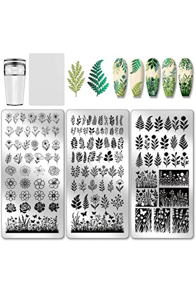 Choice AECH011-02615 3pcs Flower Leaf Nail Stamping Plates Plants Nail Art St...