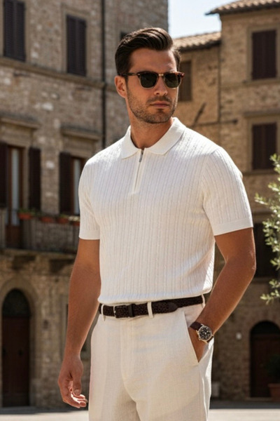 Maccali Men's Trendy Striped White Polo Collar Knitwear T-Shirt