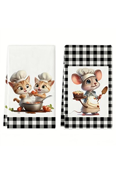 Choice 2pcs black 2Pcs, Cute Chef Cat and Mouse Plaid Kitchen Towels, 40Cm*60...