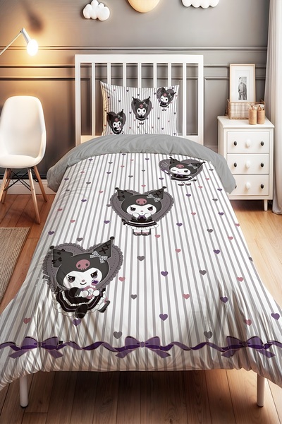 EVPANYA Gray Hearts Kuromi Patterned Single Baby Kids Duvet Cover Set