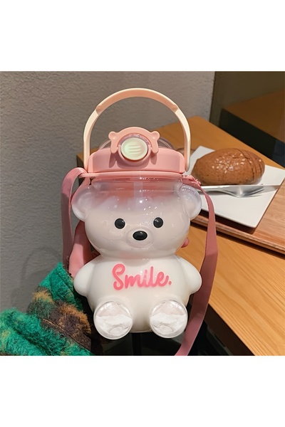 choice2 زجاجة ماء كبيرة بسعة 1000 مل بتصميم دب لطيف، كوب 2 في 1 مزود بماصة، م...